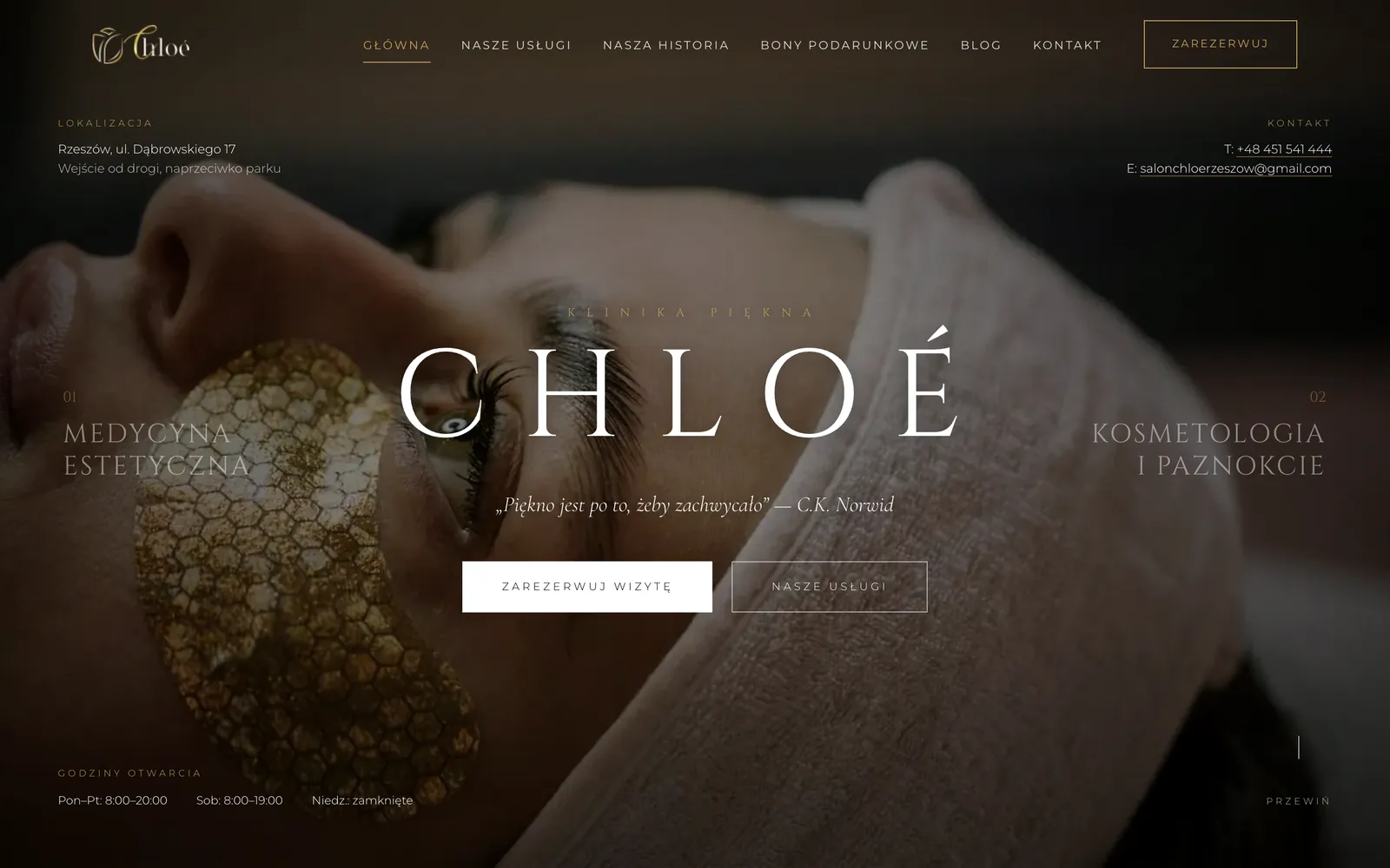 Strona Salon Chloé: ciemne zdjęcie zabiegu i napis Chloé, klinika piękna