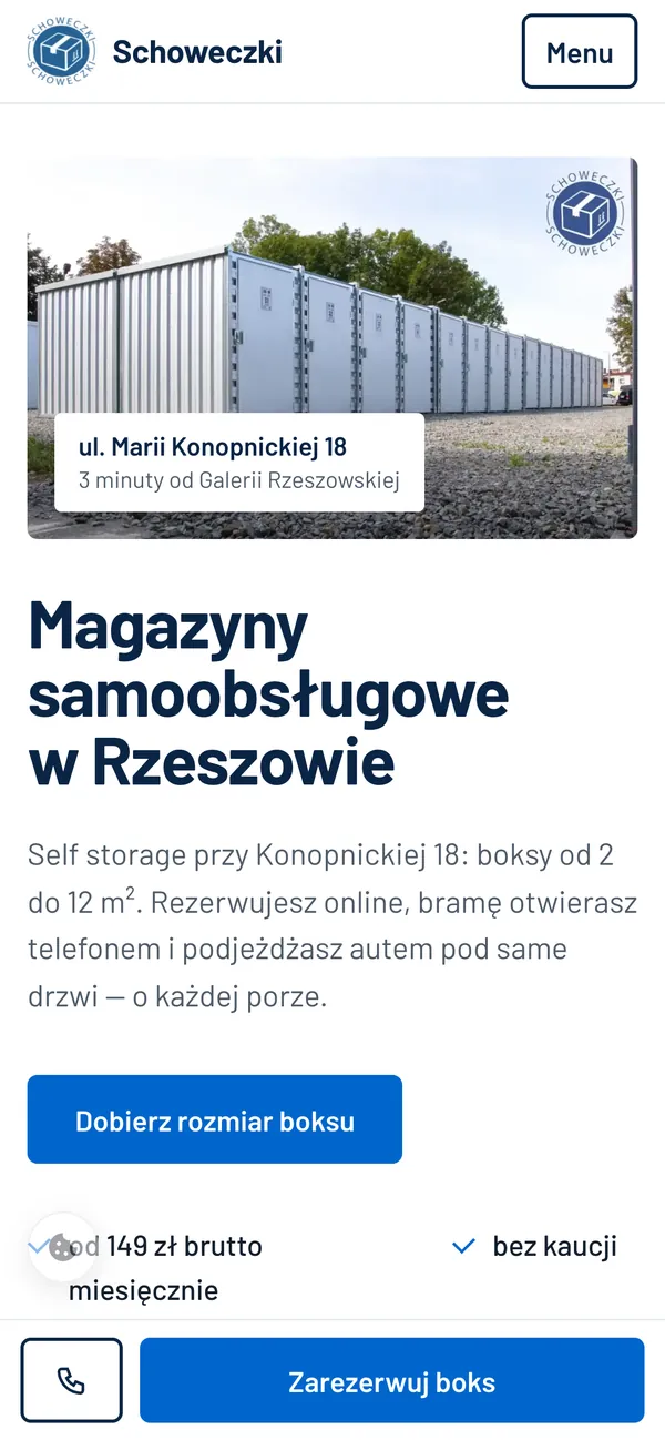 Strona Schoweczki na telefonie z przyciskiem Zarezerwuj boks